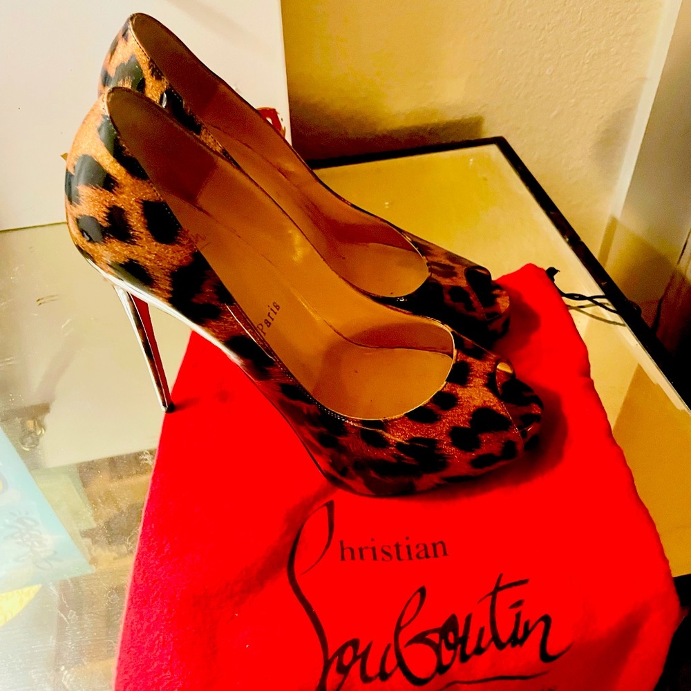Christian Louboutin patent leather leopard peep toe heels size 39 European.
